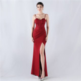 Fishbone Slim Waist Solid Color Satin Evening Dress