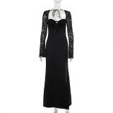 Women Sexy Lace Long Sleeve Patchwork Slit Dress