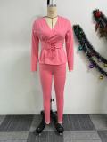 Solid Color V-Neck Slim Waist Long-Sleeved Pants Set