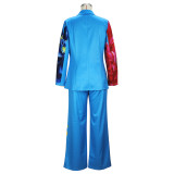 Spring Autumn Women's Fashion V-Neck Printing Blazer Trousers Two-Piece Set