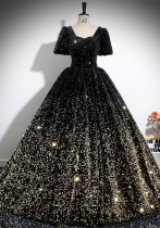 Luxury Sequin Puff Short Sleeve A-Line Luxury Evening Dress（Processing time need 3-6 days）