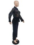 Women's Fashion Casual Autumn Winter Solid Color Long Sleeve Lace Shirt Pants Two Piece Set