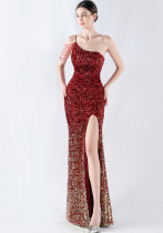 Gradient Sequins One-Shoulder Strap Evening Dress