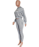 Women's Solid Color Hong Sleeve Hollow Hoodies Sweatpants Two-Piece Set
