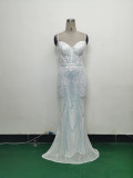 Fishbone Slim Waist Sexy Rhinestone Chain Strap Evening Dress