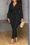 Solid Color V-Neck Slim Waist Long-Sleeved Pants Set