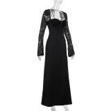 Women Sexy Lace Long Sleeve Patchwork Slit Dress