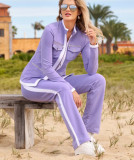 Women Long Sleeve Casual Color Block Top and Pant Two Piece Set