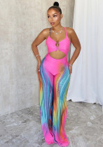 Women's Sexy Low Back Multi-Color Printed Strap High Waist Jumpsuit