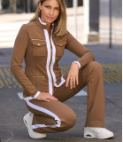 Women Long Sleeve Casual Color Block Top and Pant Two Piece Set