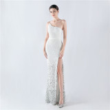 Gradient Sequins One-Shoulder Strap Evening Dress