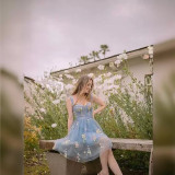 Flower Embroidered Strap A-Line Mesh Short Evening Dress（Processing time need 3-6 days）