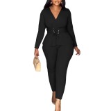 Solid Color V-Neck Slim Waist Long-Sleeved Pants Set