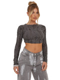 Halloween Trend Ripped Long Sleeve Crop Slim Short Autumn Top