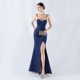Fishbone Slim Waist Solid Color Satin Evening Dress