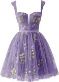 Flower Embroidered Strap A-Line Mesh Short Evening Dress（Processing time need 3-6 days）