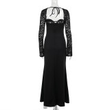 Women Sexy Lace Long Sleeve Patchwork Slit Dress