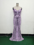Fishbone Slim Waist Sexy Rhinestone Chain Strap Evening Dress
