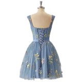 Flower Embroidered Strap A-Line Mesh Short Evening Dress（Processing time need 3-6 days）