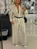 Women's Spring Autumn Stripes Patchwork Stripes Long Sleeve Linen Shirt Pants Two-Piece Set