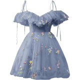 Flower Embroidered Strap Ruffled Off Shoulder A-Line Mesh Short Evening Dress（Processing time need 3-6 days）