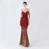 Gradient Sequins Sexy Strap Evening Dress