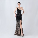 Gradient Sequins High Slit Slash Shoulder Sexy Evening Dress