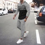 Men's Casual Set Outdoor Hooded Striped Long Sleeve Hoodies Pants Set