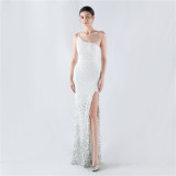 Gradient Sequins High Slit Slash Shoulder Sexy Evening Dress