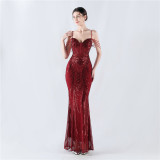 Fishbone Slim Waist Sexy Rhinestone Chain Strap Evening Dress
