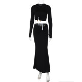 Autumn Winter Women's Fashion Crop Long-Sleeved Top Slim Skirt Two Piece Set