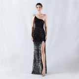 Gradient Sequins High Slit Slash Shoulder Sexy Evening Dress