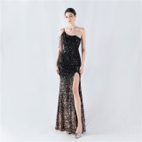 Gradient Sequins One-Shoulder Strap Evening Dress