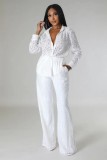 Women's Fashion Casual Autumn Winter Solid Color Long Sleeve Lace Shirt Pants Two Piece Set