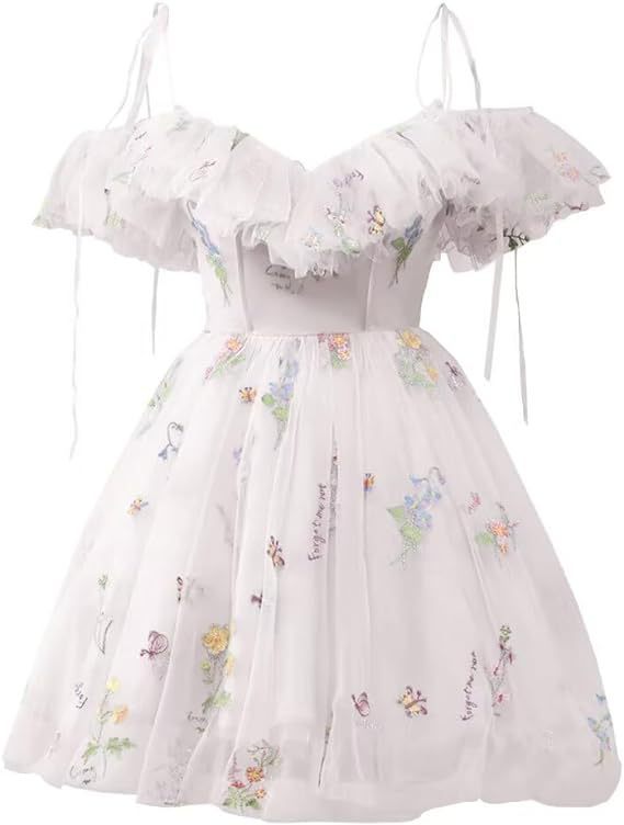 Flower Embroidered Strap Ruffled Off Shoulder A-Line Mesh Short Evening Dress(Processing time need 3-6 days)