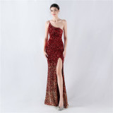 Gradient Sequins High Slit Slash Shoulder Sexy Evening Dress
