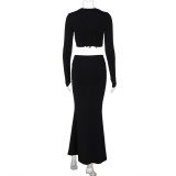Autumn Winter Women's Fashion Crop Long-Sleeved Top Slim Skirt Two Piece Set