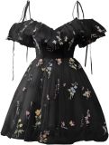 Flower Embroidered Strap Ruffled Off Shoulder A-Line Mesh Short Evening Dress（Processing time need 3-6 days）