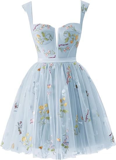 Flower Embroidered Strap A-Line Mesh Short Evening Dress(Processing time need 3-6 days)