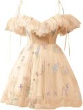 Flower Embroidered Strap Ruffled Off Shoulder A-Line Mesh Short Evening Dress（Processing time need 3-6 days）
