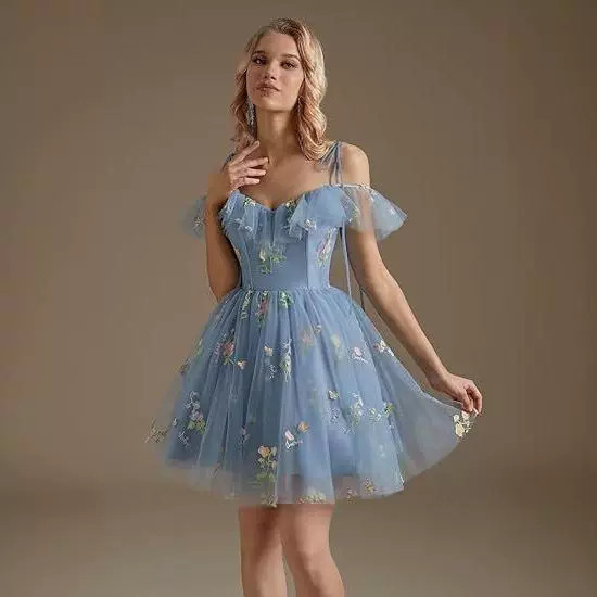 Flower Embroidered Strap Ruffled Off Shoulder A-Line Mesh Short Evening Dress(Processing time need 3-6 days)