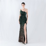 Gradient Sequins One-Shoulder Strap Evening Dress