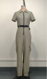Women's Fashion Zipper Cargo Jumpsuit Short-Sleeved Turndown Collar Pocket Belt Jumpsuit