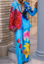 Spring Autumn Women's Fashion V-Neck Printing Blazer Trousers Two-Piece Set