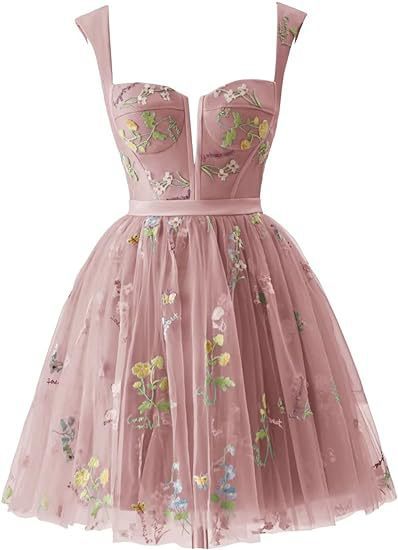 Flower Embroidered Strap A-Line Mesh Short Evening Dress(Processing time need 3-6 days)