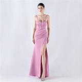 Fishbone Slim Waist Solid Color Satin Evening Dress