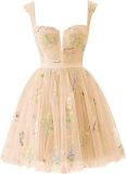 Flower Embroidered Strap A-Line Mesh Short Evening Dress（Processing time need 3-6 days）