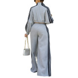 Women's Autumn Winter Sports Striped Jacket Loose Pants Two-Piece Set