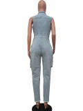 Women Summer Pockets Denim Jumpsuit