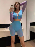 Sexy Patchwork Off Shoulder Long-Sleeved Crop Top High Waist Hollow Slim Shorts Two Piece Set